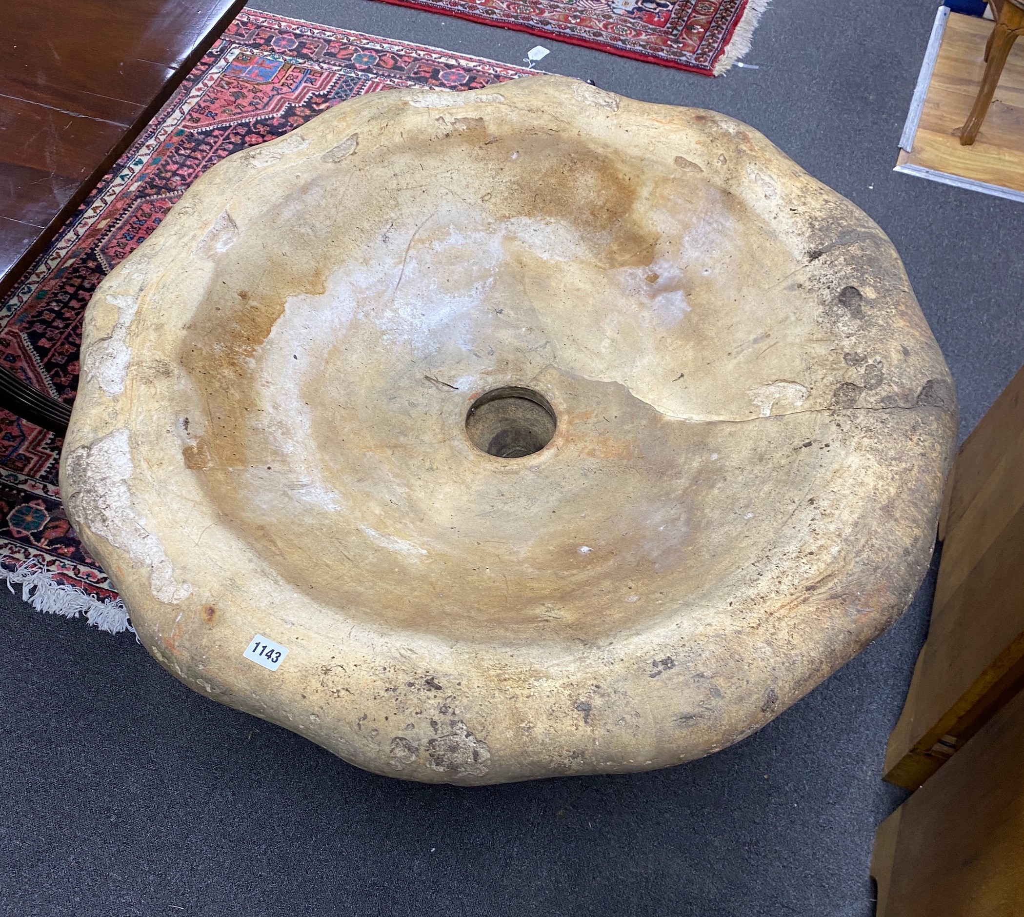 A cast stone fountain section, with triple stork column, diameter 90cm height 76cm